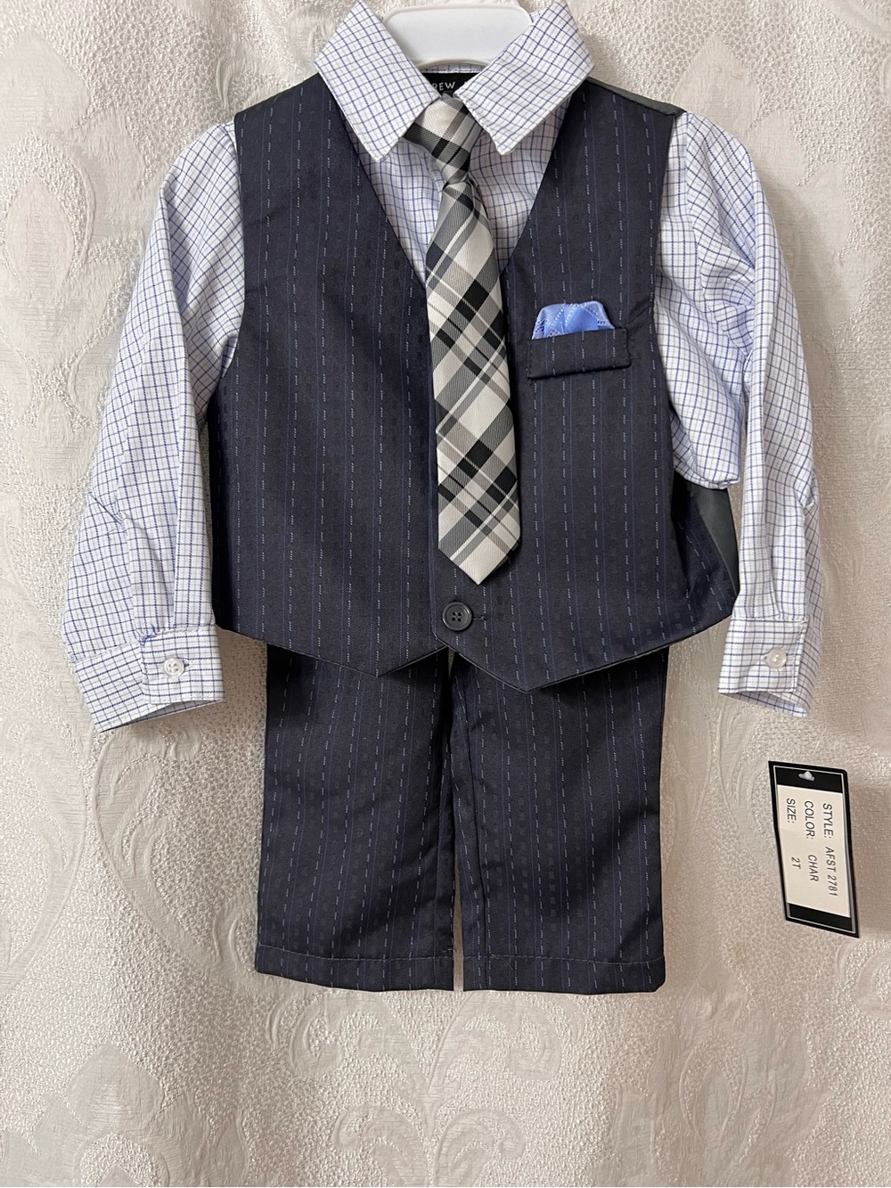 Andrew Fezza Boy's Navy Pinstripe 4-Piece Suit Set with Tie Vest and Plaid Shirt